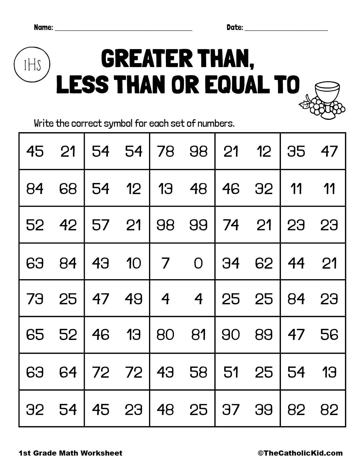 greater than worksheet 1st grade