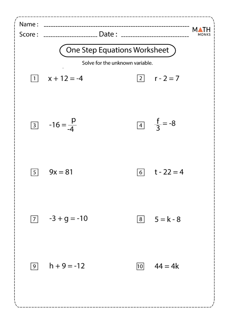 One Step Equations Worksheets - Math Monks