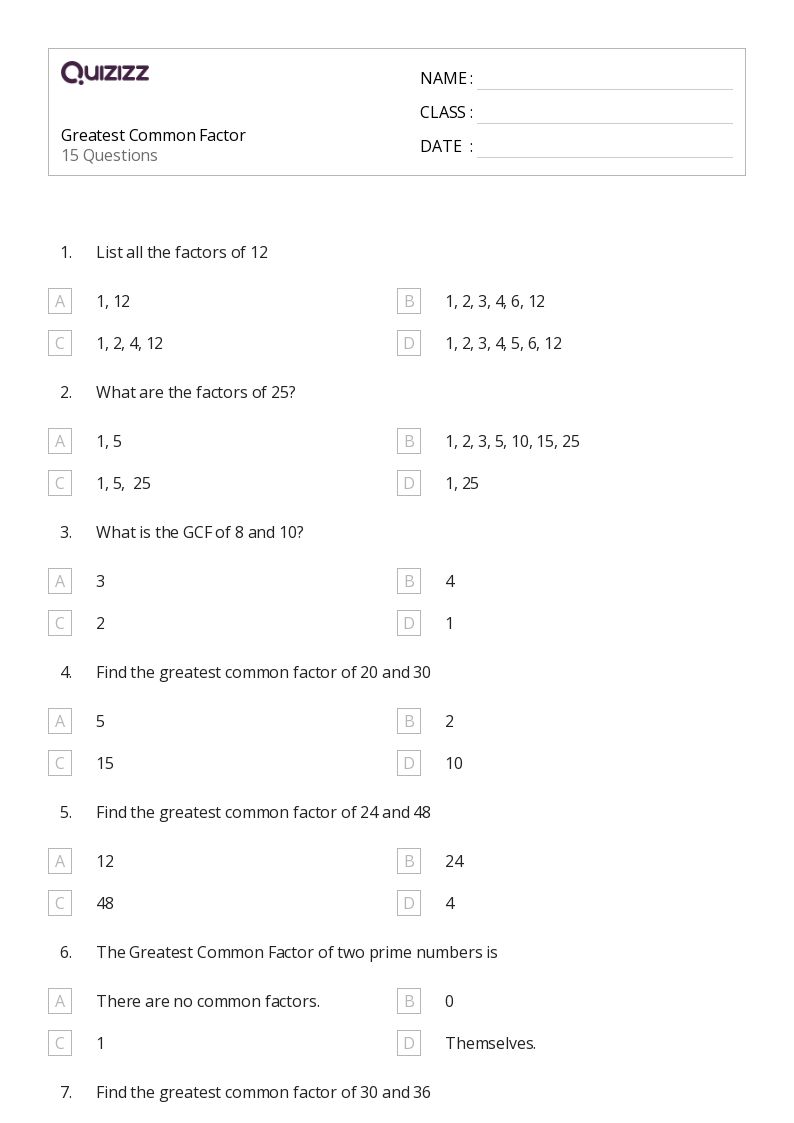 50+ Greatest Common Factor worksheets for 8th Class on Quizizz ...