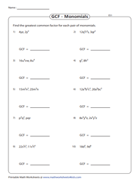 greatest common factor monomials worksheet