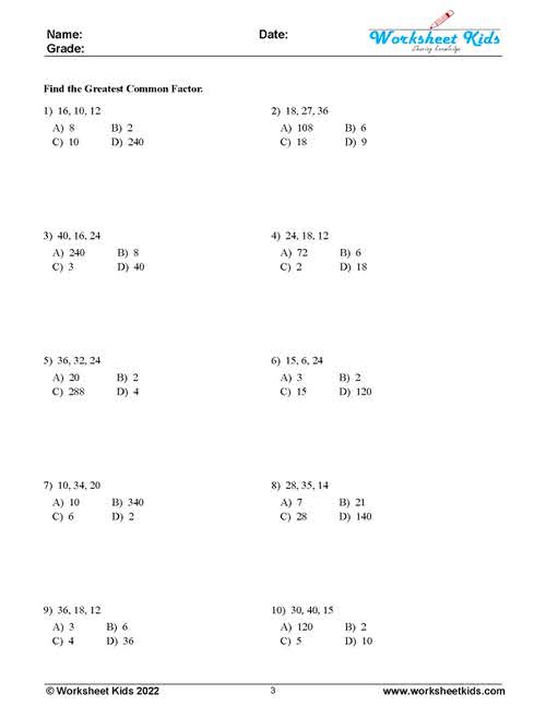 Find the greatest common factor Worksheets - Free printable PDF