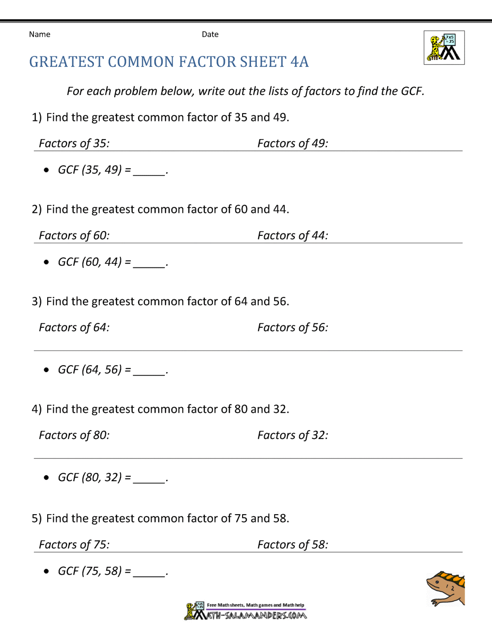 Greatest Common Factor Worksheet page