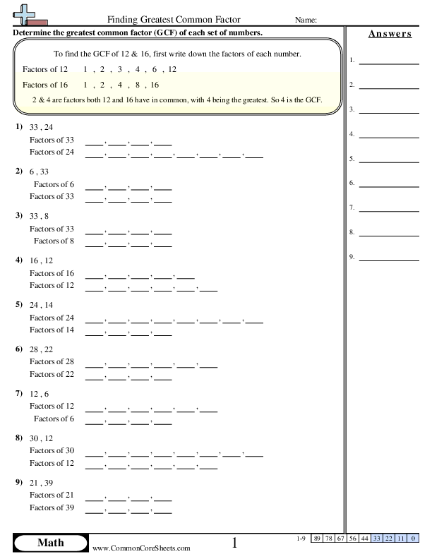 greatest common factor worksheet with answers