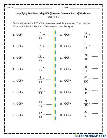 greatest common factors fractions worksheet