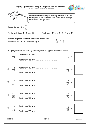 Simplifying fractions: highest common factor - Fraction and ...