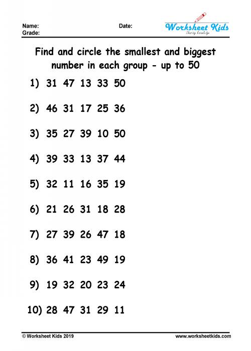 Circle the biggest and smallest number worksheet - Free printable PDF