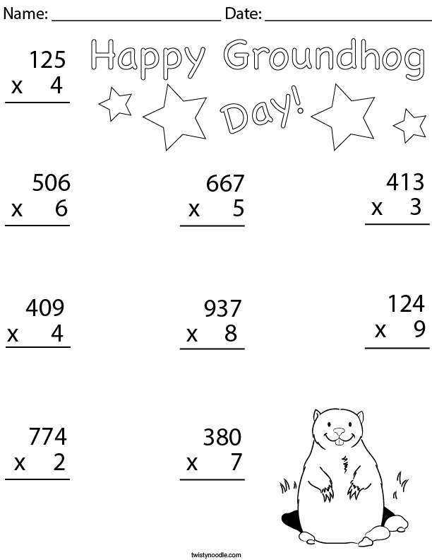 Groundhog Day Multiplication- 3 Digit Math Worksheet - Twisty Noodle