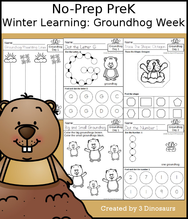 No-Prep Groundhog Weekly Packs for PreK to 4th Grade - 3 Dinosaurs
