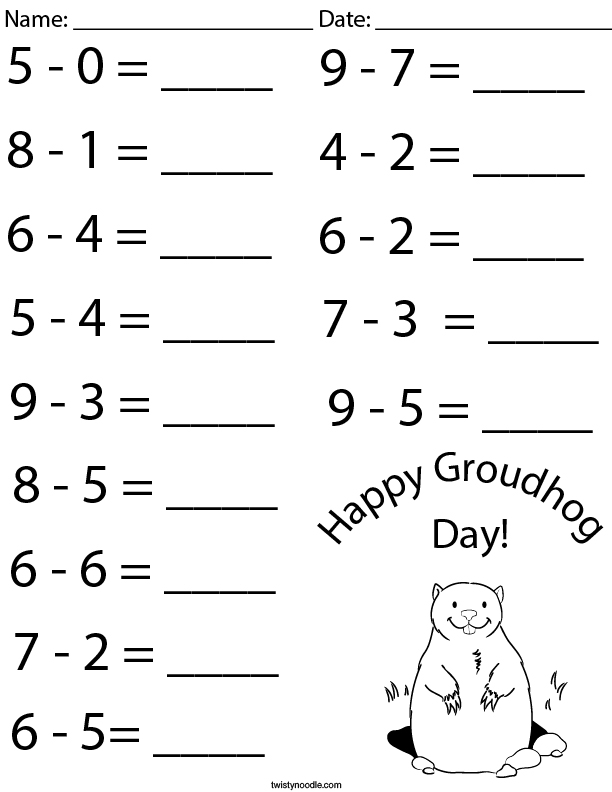 Groundhog Day Subtraction Math Worksheet - Twisty Noodle
