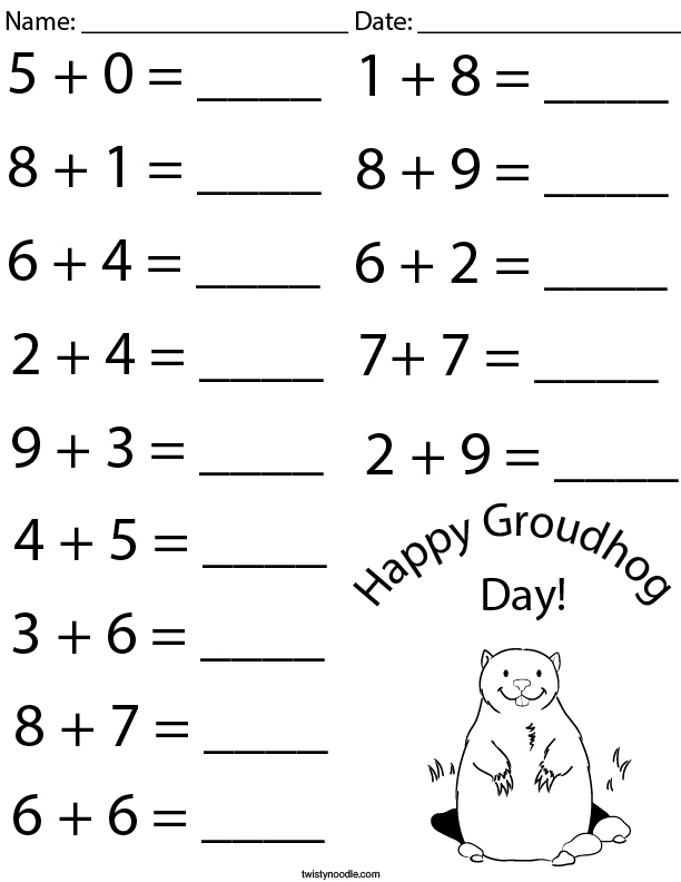 Groundhog Day Addition Math Worksheet - Twisty Noodle