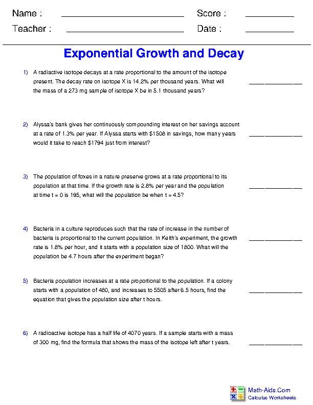 growth and decay problems worksheet