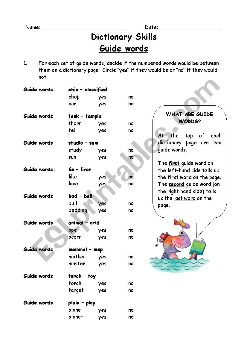 Guide words - Dictionary Skills - ESL worksheet by maus