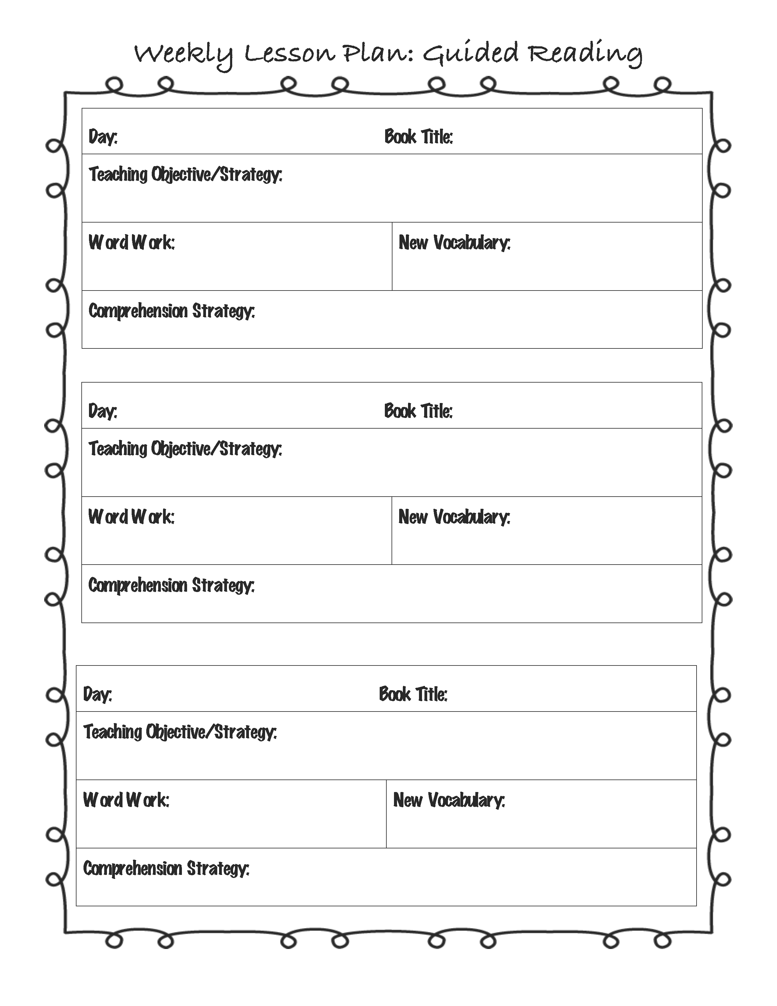 Lesson Plan Template | Weekly Guided Reading Lesson Plan Template