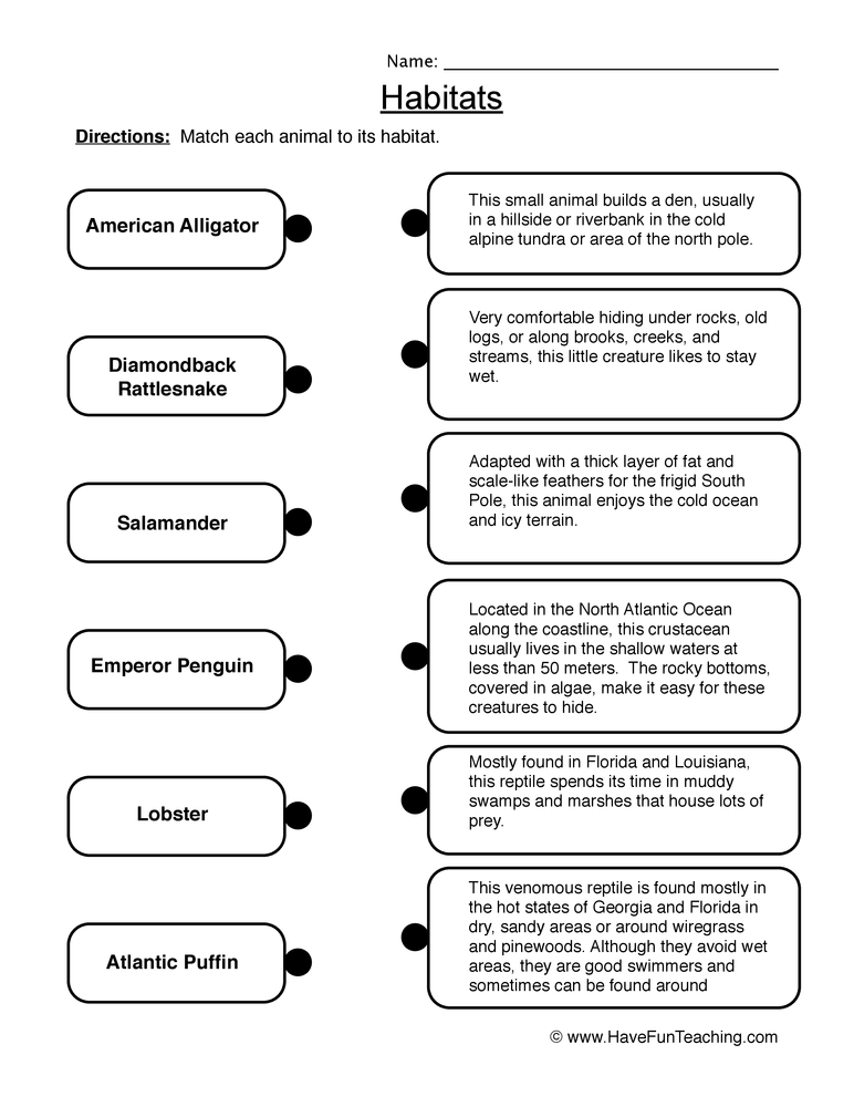 Matching Habitats Worksheet  