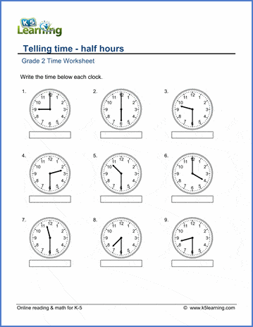 Grade 2 Telling Time Worksheets: Reading a clock - half hours | Worsheets library...