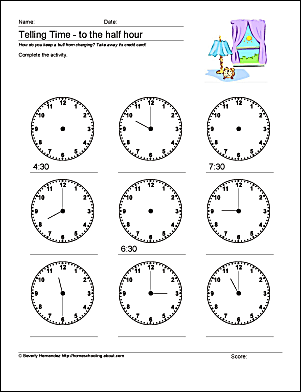 Math Worksheets to Help with Telling Time to the Half Hour