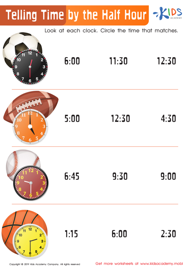 Telling Time by the Half Hour Worksheet for kids