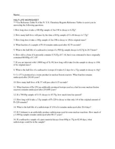 Half-life Worksheet Worksheet for 11th - 12th Grade | Lesson Planet