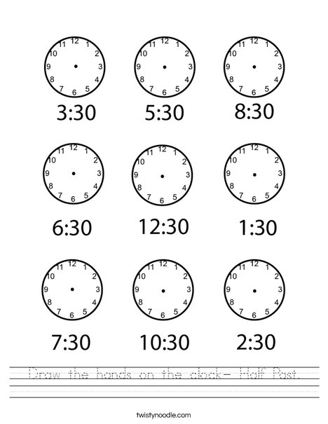 Draw the hands on the clock- Half Past Worksheet - Twisty Noodle