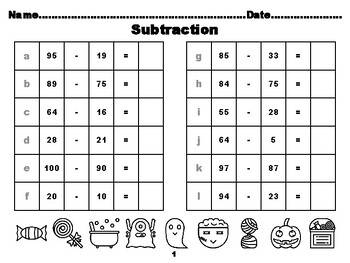 100 Halloween Math Worksheets, Second Grade Subtraction up to 100,