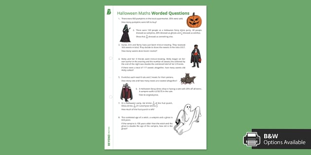 Halloween Maths Word Problems Questions Worksheet | KS3 Maths