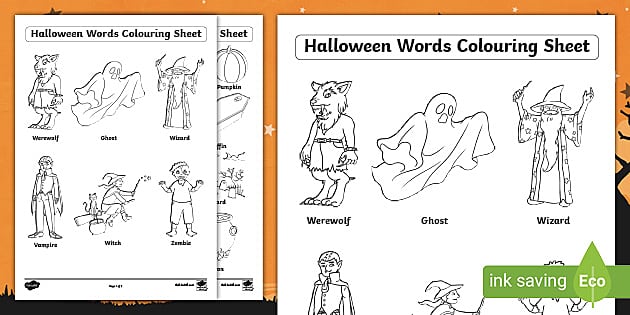 Halloween Words Colouring Worksheet (teacher made) - Twinkl