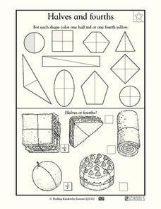 Halves and Fourths Worksheet for 2nd - 4th Grade | Lesson Planet