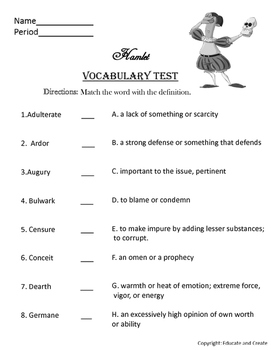 Hamlet Vocabulary list and quiz
