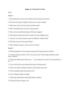 Hamlet: Act 5 Questions for Study Worksheet for 11th - 12th Grade ...