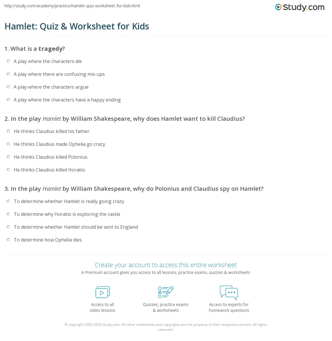 Hamlet: Quiz &  Worksheet for Kids | Study.com