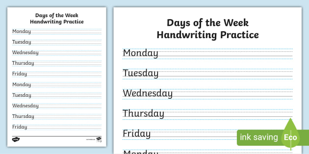 Days Of The Week Handwriting Practice Sheets - Twinkl