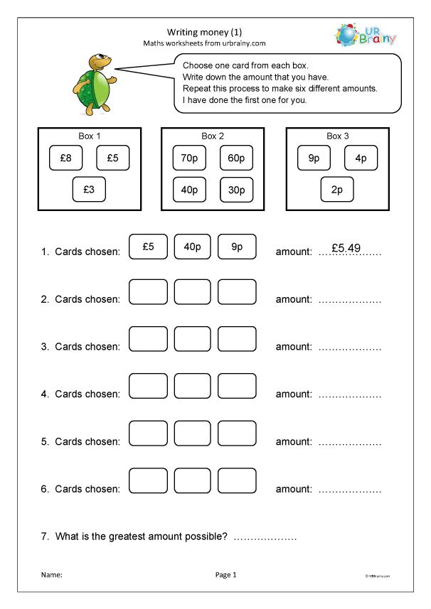 handwriting worksheet money