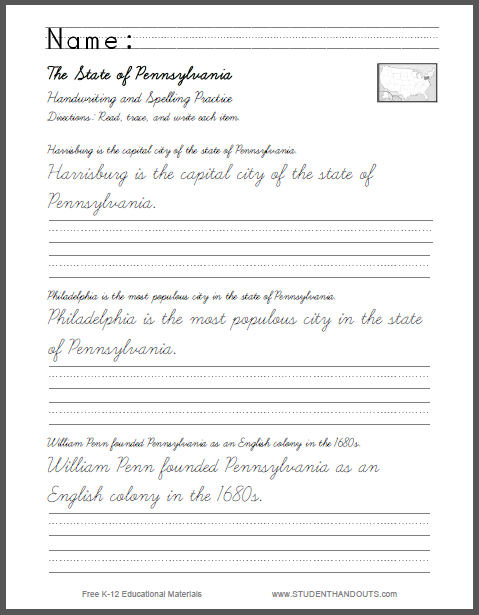 Pennsylvania Sentences Writing in Cursive and Print | Student Handouts
