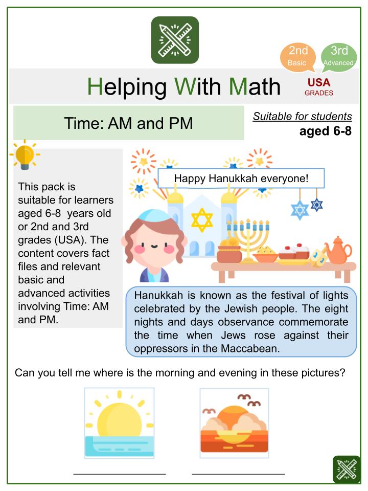 Time: AM and PM Hanukkah Themed Math Worksheets | Aged 6-8