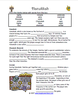 Hanukkah Cloze Worksheet