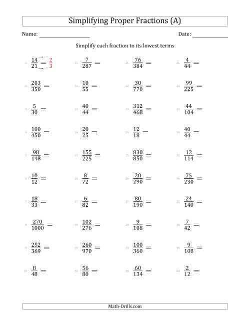Simplifying Proper Fractions to Lowest Terms (Harder Questions) (A)