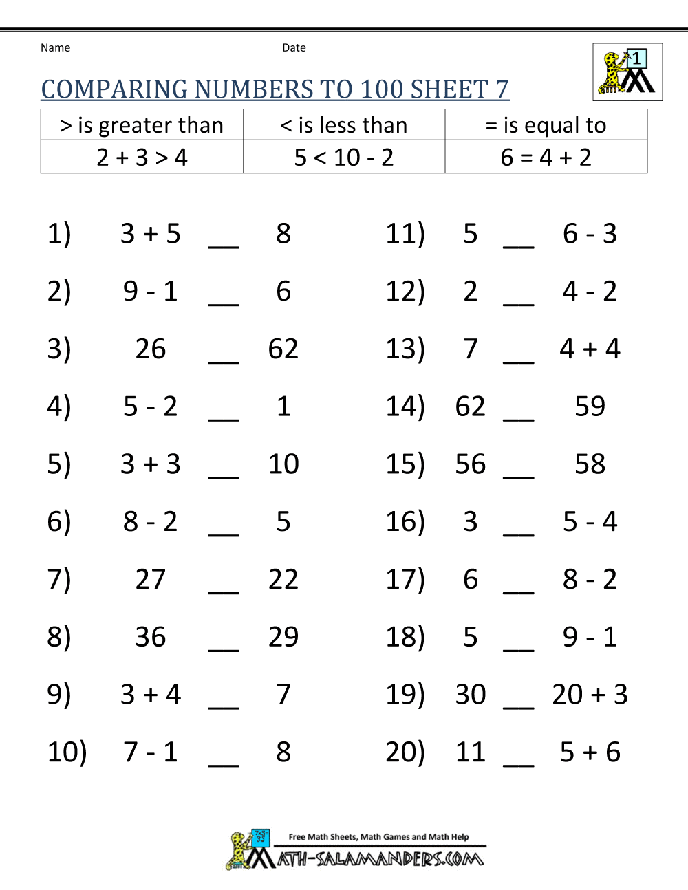 Greater than Less than Worksheet - Comparing Numbers to 100