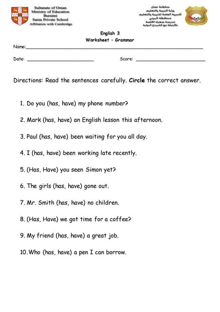 have and has worksheet