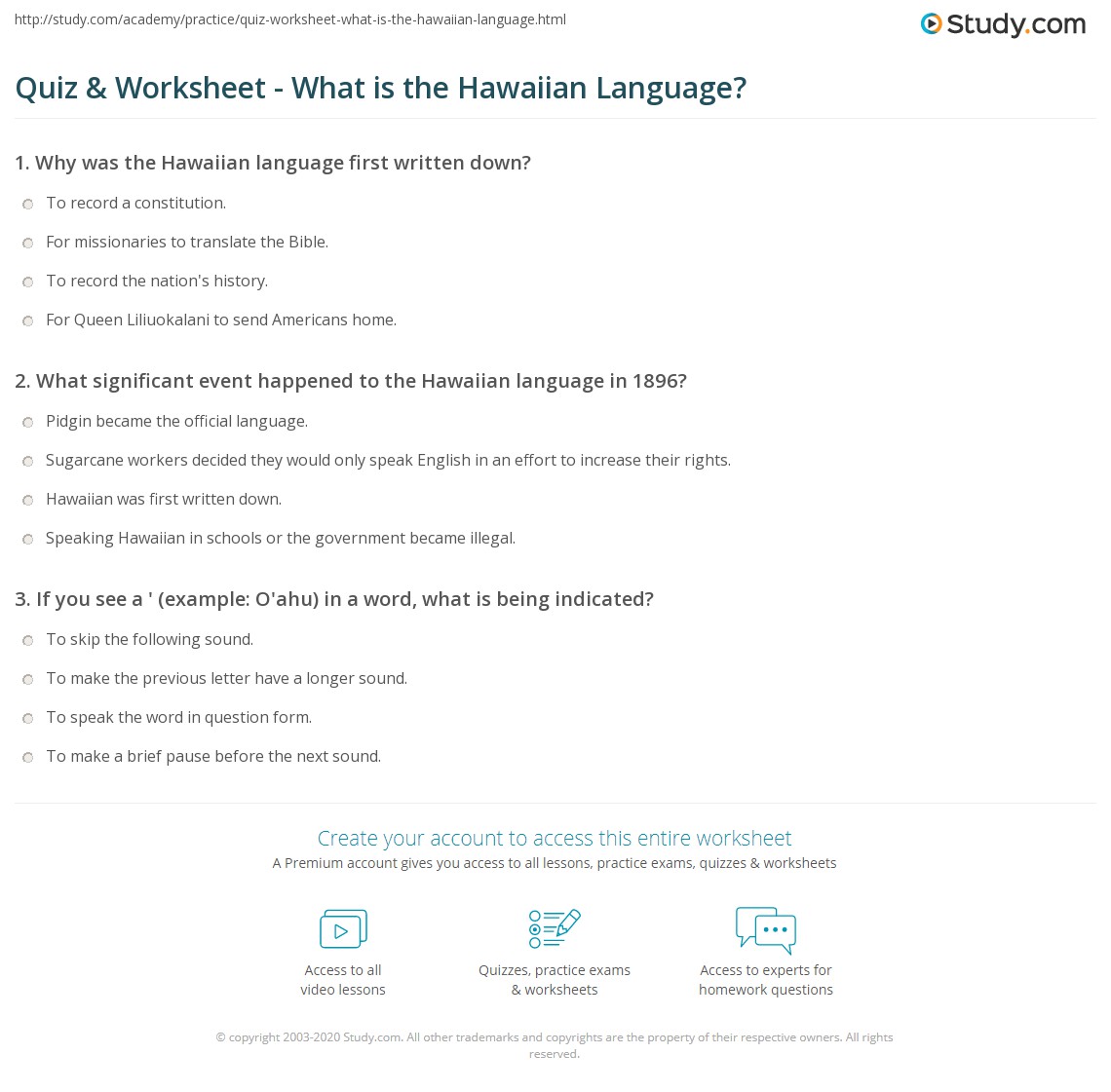 Quiz &  Worksheet - What is the Hawaiian Language? | Study.com