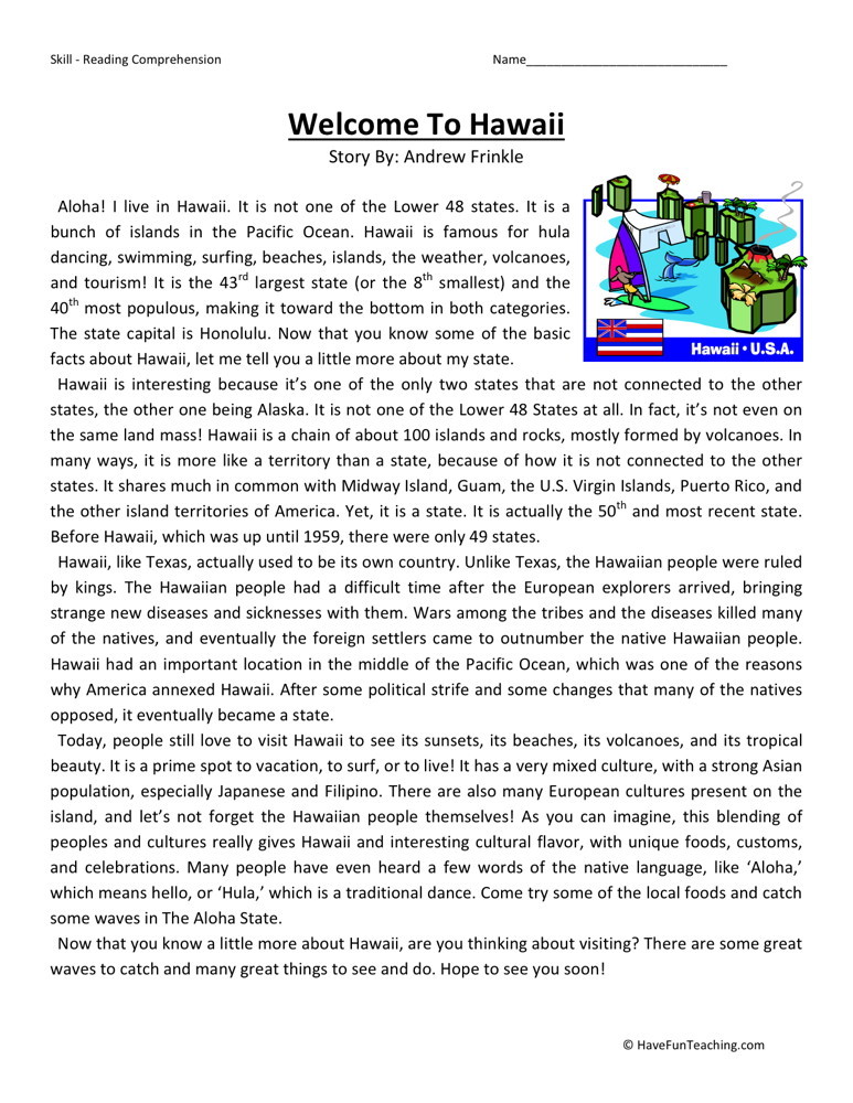 Reading Comprehension Worksheet - Welcome to Hawaii