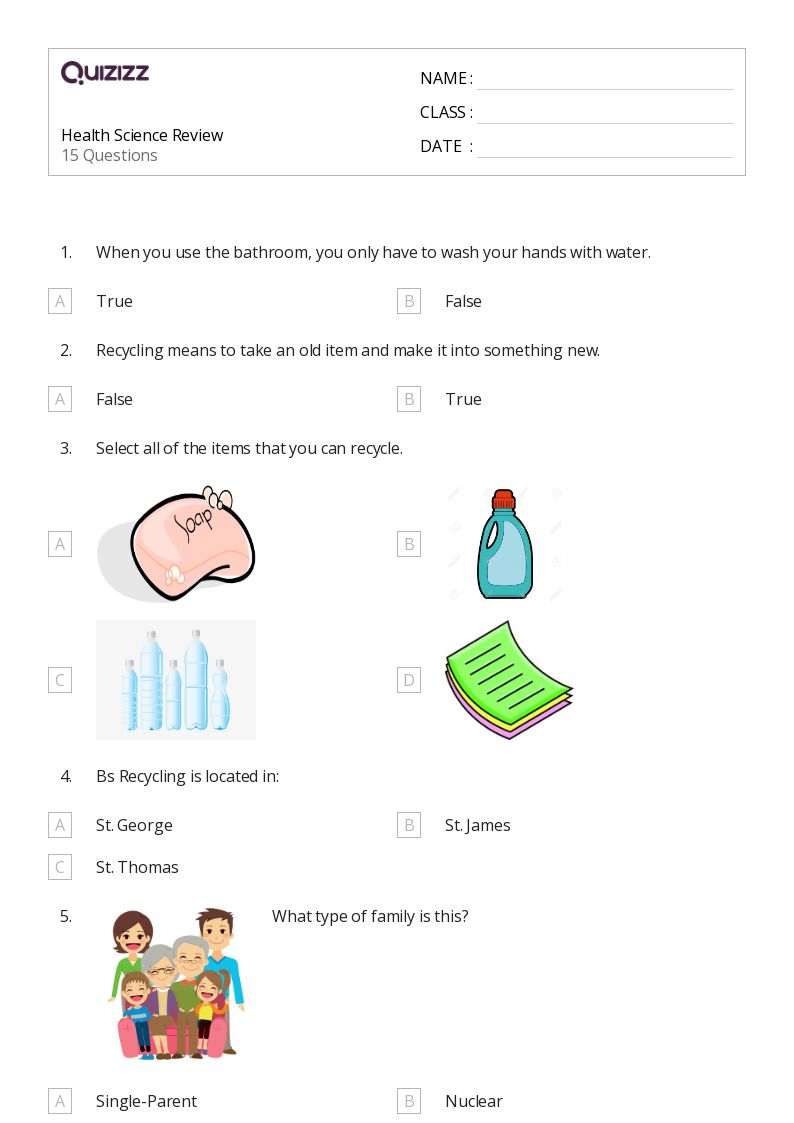 health worksheet for first grade