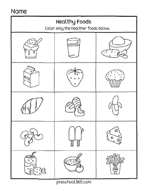 Free healthy food and unhealthy food activity sheets for preschool