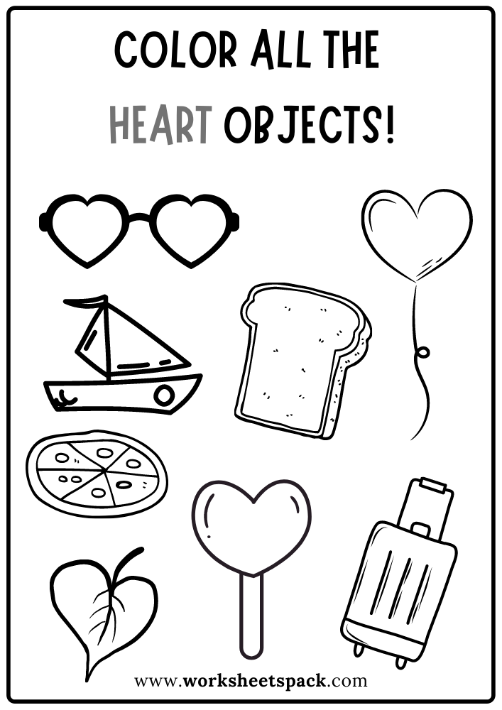 Color All the Hearts Worksheet, Heart Shape Activity Sheets Free ...