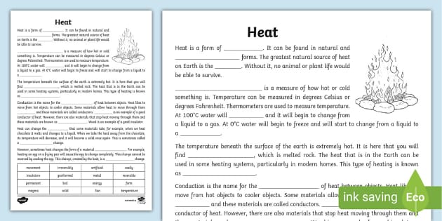 Heat cloze | Worksheet resource | Easy to print - Twinkl