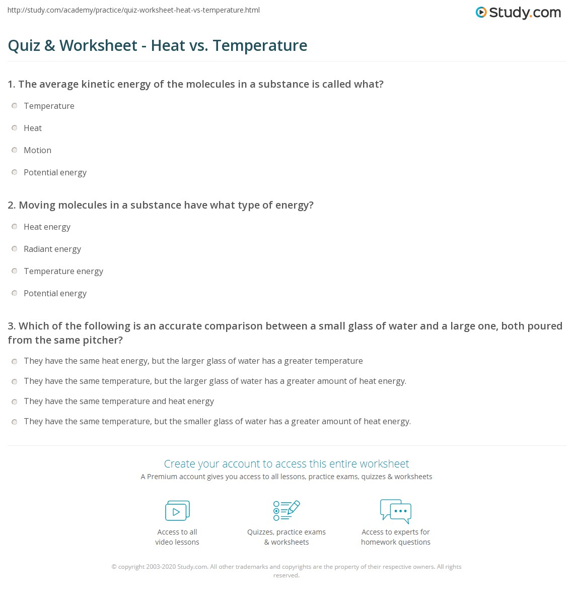 heat and temperature worksheet