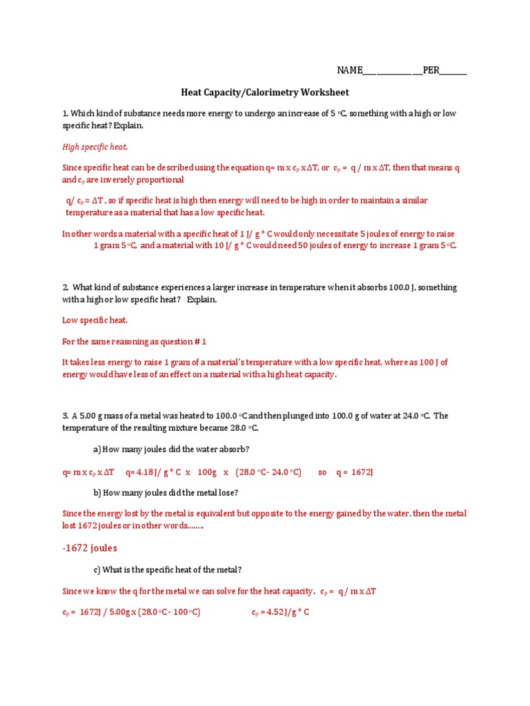 Heat Capacity Calorimetry Worksheet Answers PDF Heat Heat