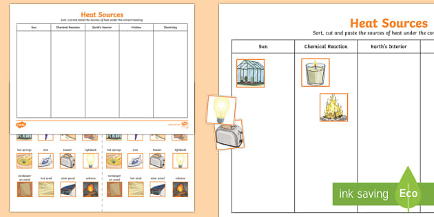 Heat Sources Sorting Worksheet / Worksheet (teacher made)