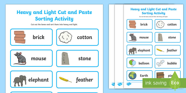 heavy and light worksheet