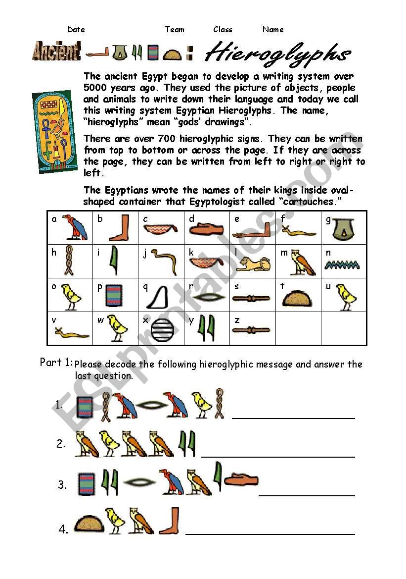Egypt Hieroglyphs - ESL worksheet by shellytkhr