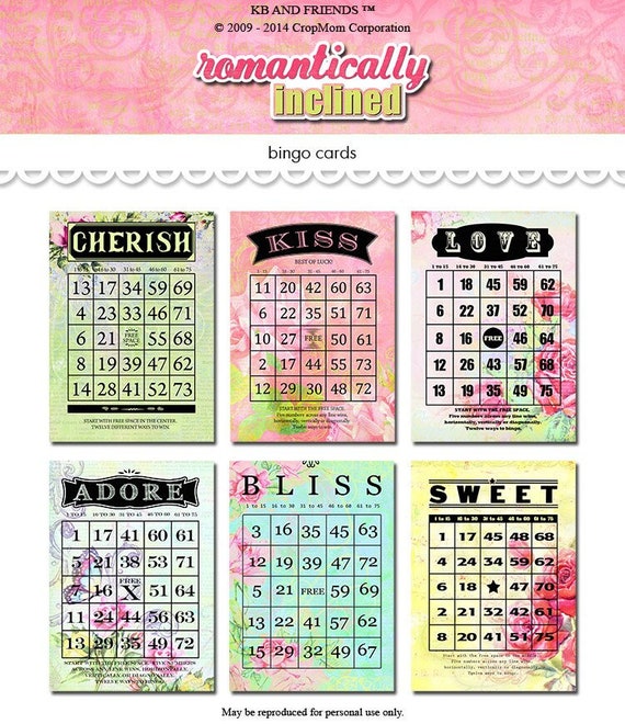 Digital Romantic Love Floral Bingo Cards / Valentine Ephemera ...